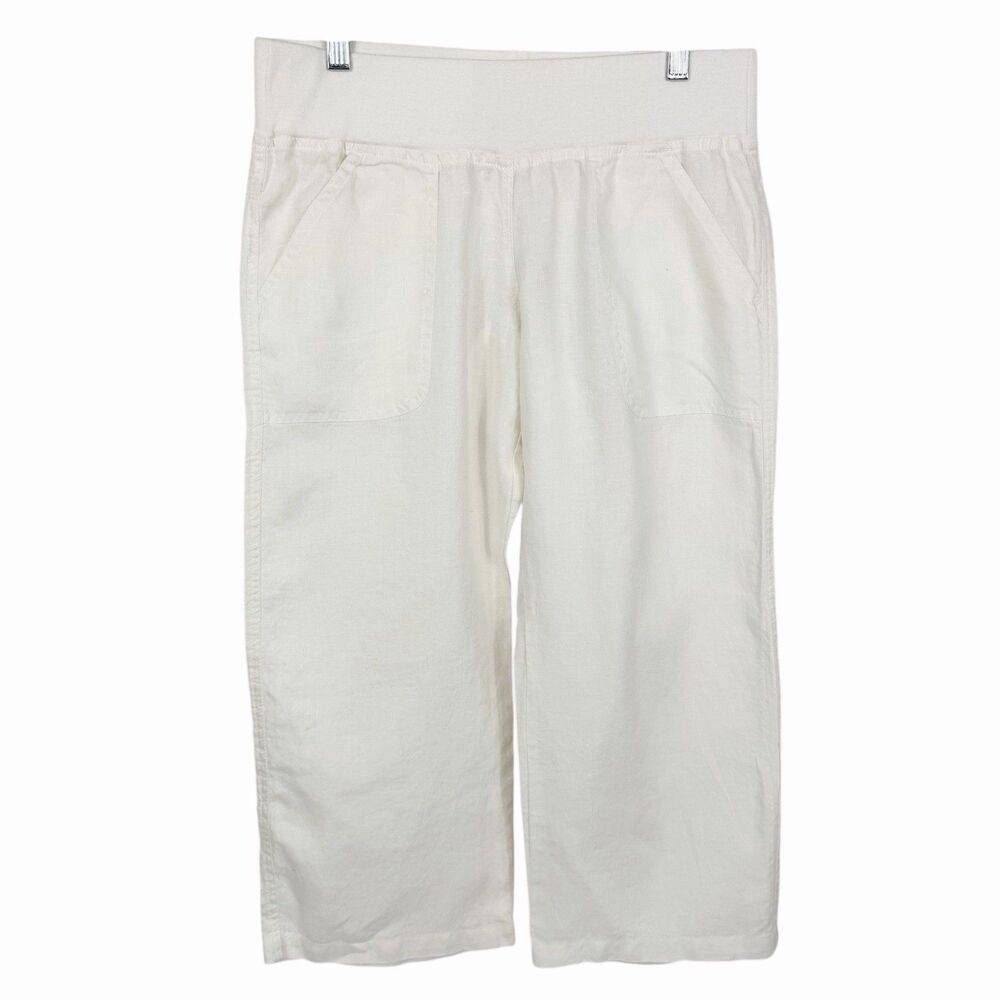 Allen Allen White Linen Straight Leg Mid Rise Pull On Capri Crop Pants Small